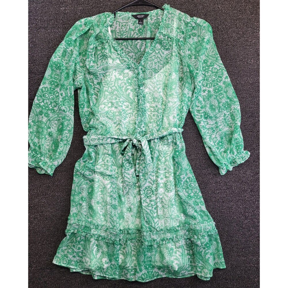 Express Green Paisley Tie-Waist Sheer Dress